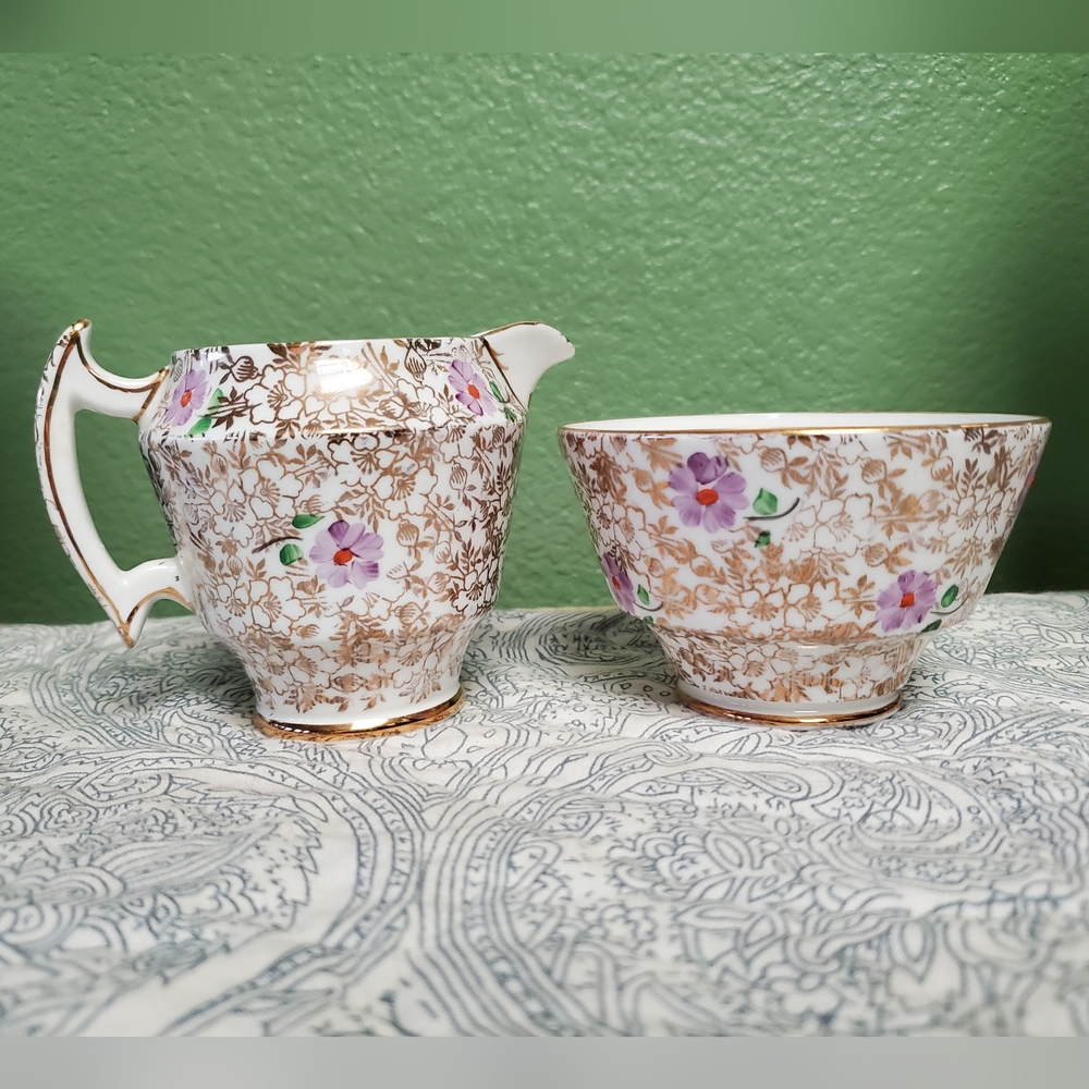 Phoenix Bone China Vintage 1920s Floral Sugar Bowl & Creamer Set -EXCELLENT